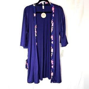 Flora Nikrooz Royal Blue Floral-Trim Satin Robe
